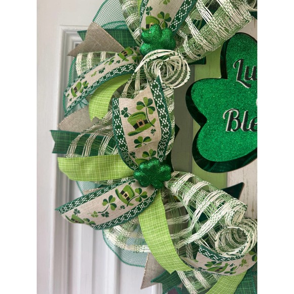 Lucky & Blessed Shamrock Saint Patrick’s Day Mesh Ribbon Wreath Door Hanger - Picture 2 of 8